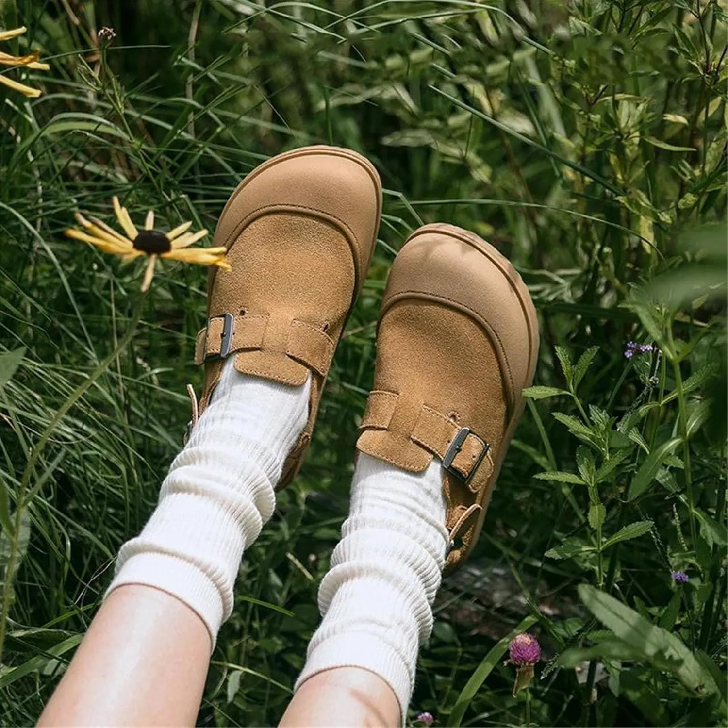 Women's Cow Suede Platform Sandals - Round Toe Buckle Strap Casual Shoes