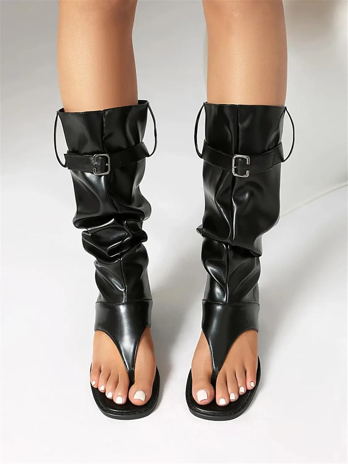 Women's Denim Open Toe Sandals - Chunky Heel Belt Buckle, Summer Casual Boots
