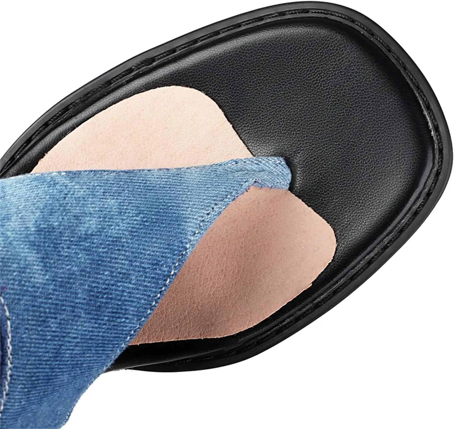 Women's Denim Open Toe Sandals - Chunky Heel Belt Buckle, Summer Casual Boots