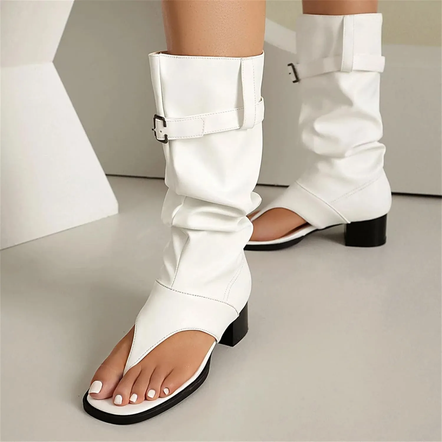 Women's Denim Open Toe Sandals - Chunky Heel Belt Buckle, Summer Casual Boots