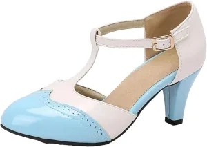 Women's Mary Jane T-Strap Sandals - 7CM Round Toe, Mixed Color Dating Heels