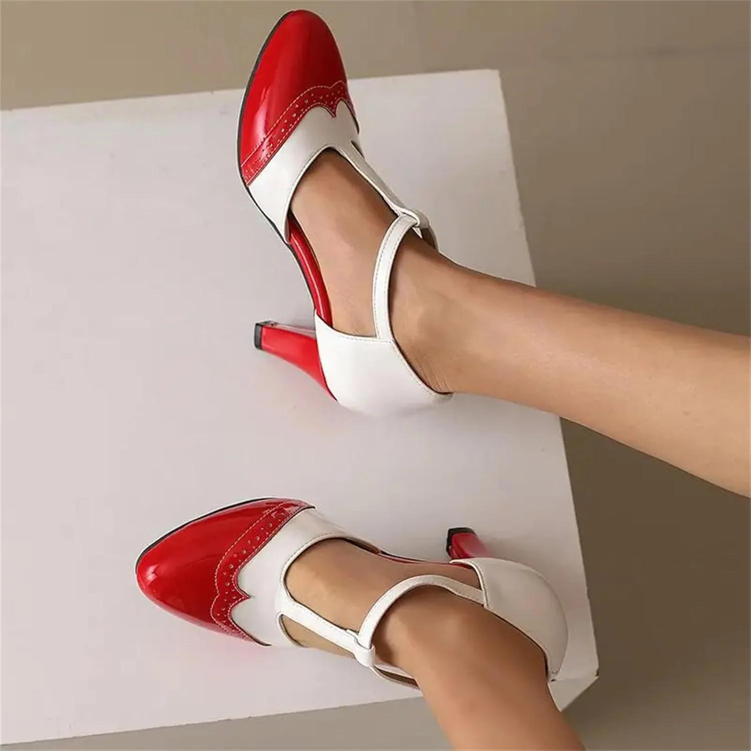 Women's Mary Jane T-Strap Sandals - 7CM Round Toe, Mixed Color Dating Heels