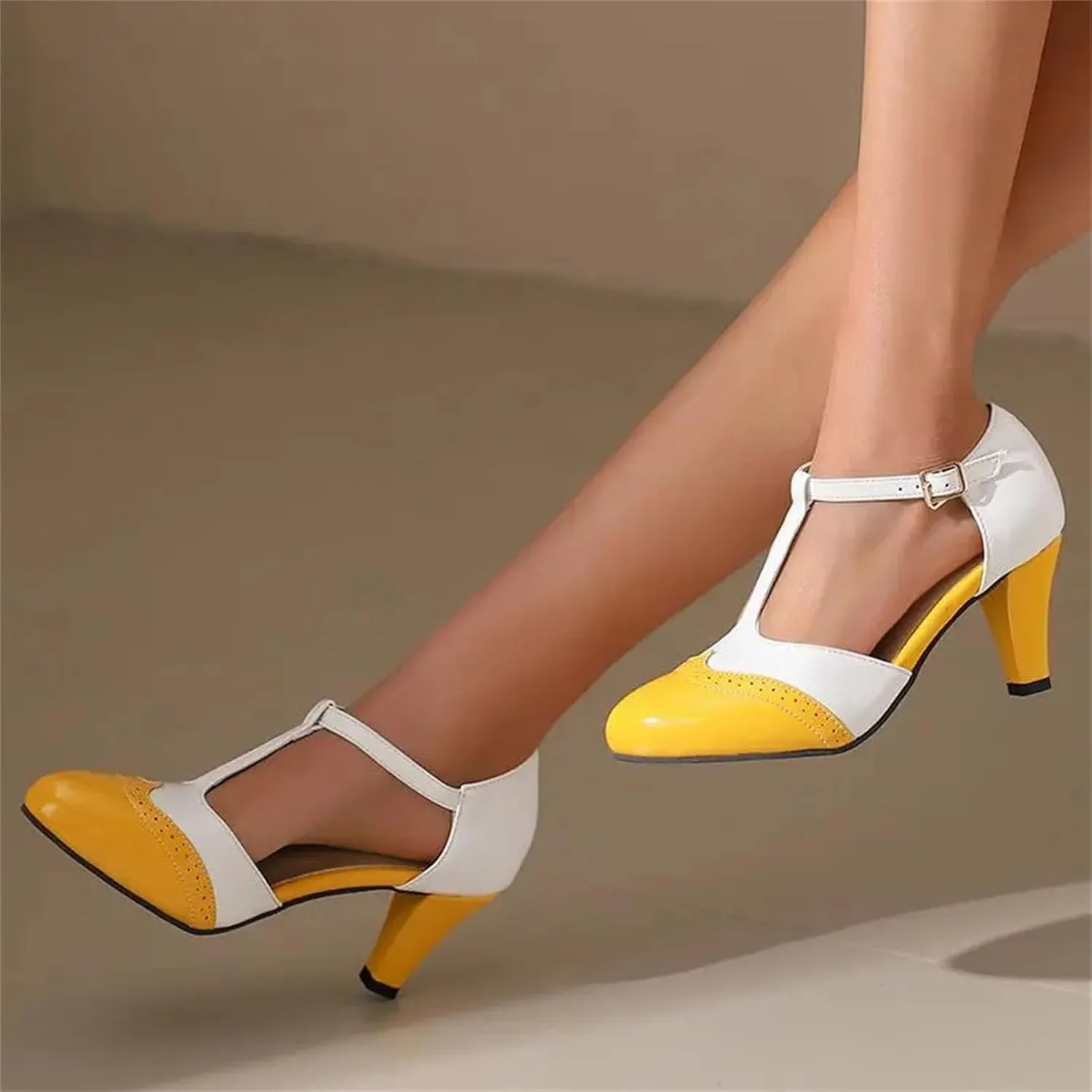 Women's Mary Jane T-Strap Sandals - 7CM Round Toe, Mixed Color Dating Heels