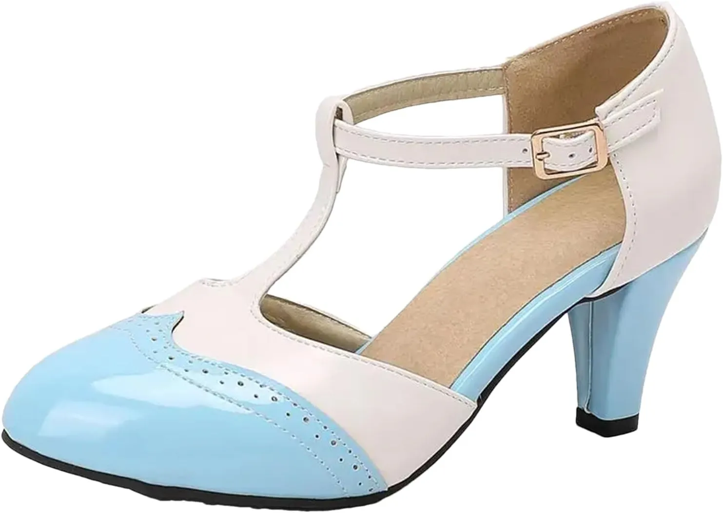 Women's Mary Jane T-Strap Sandals - 7CM Round Toe, Mixed Color Dating Heels