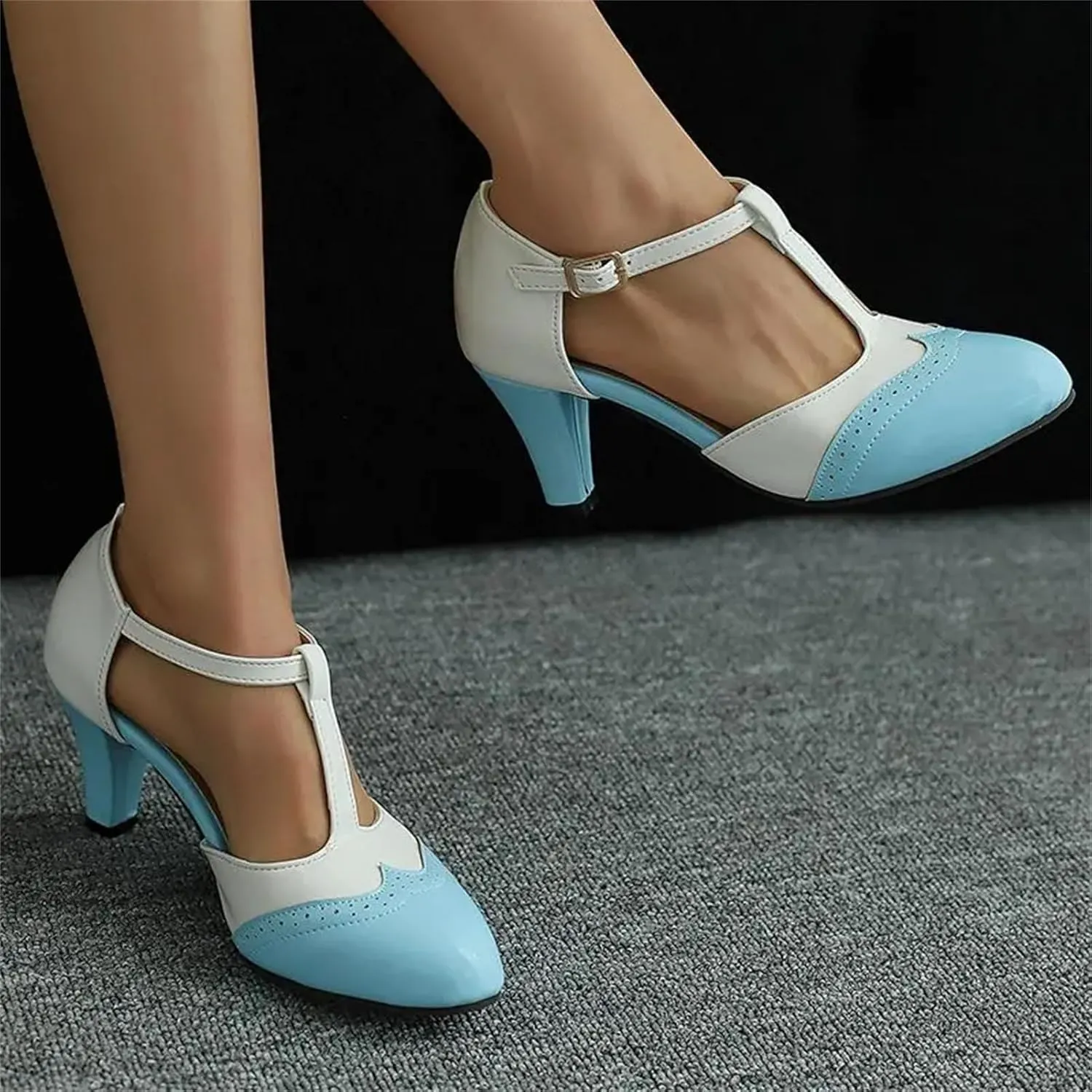 Women's Mary Jane T-Strap Sandals - 7CM Round Toe, Mixed Color Dating Heels