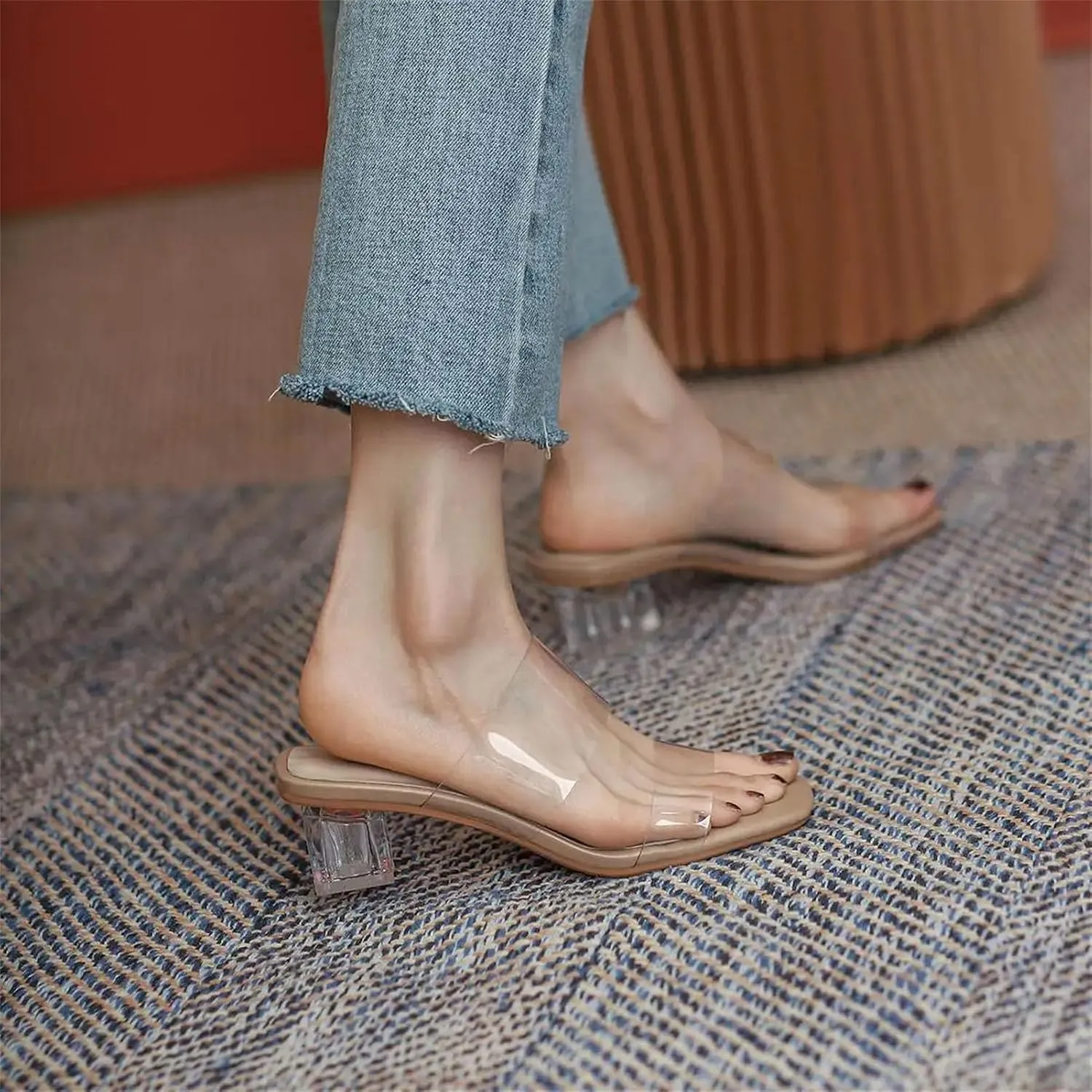 Women's PVC Mules - Breathable Med Heel Summer Casual Peep Toe Slingback