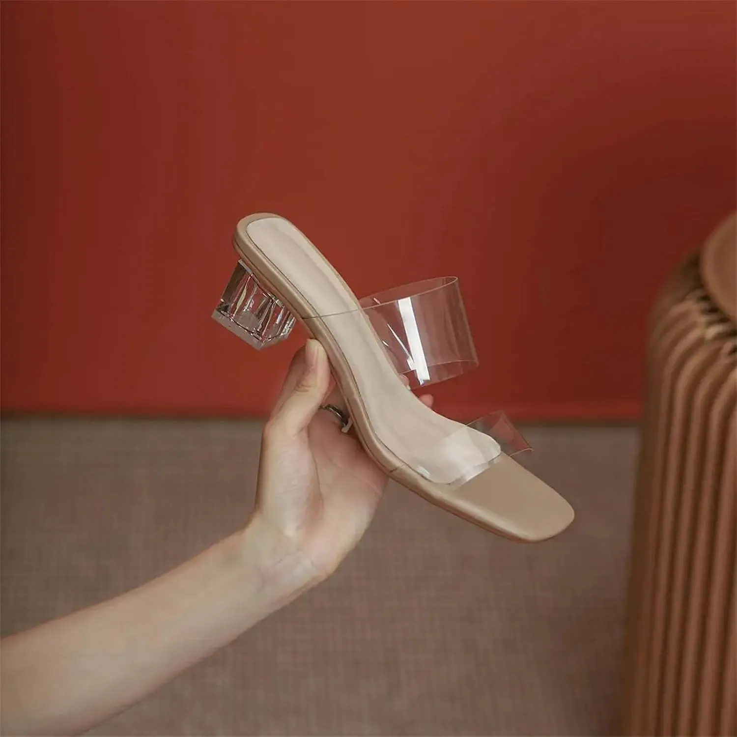 Women's PVC Mules - Breathable Med Heel Summer Casual Peep Toe Slingback
