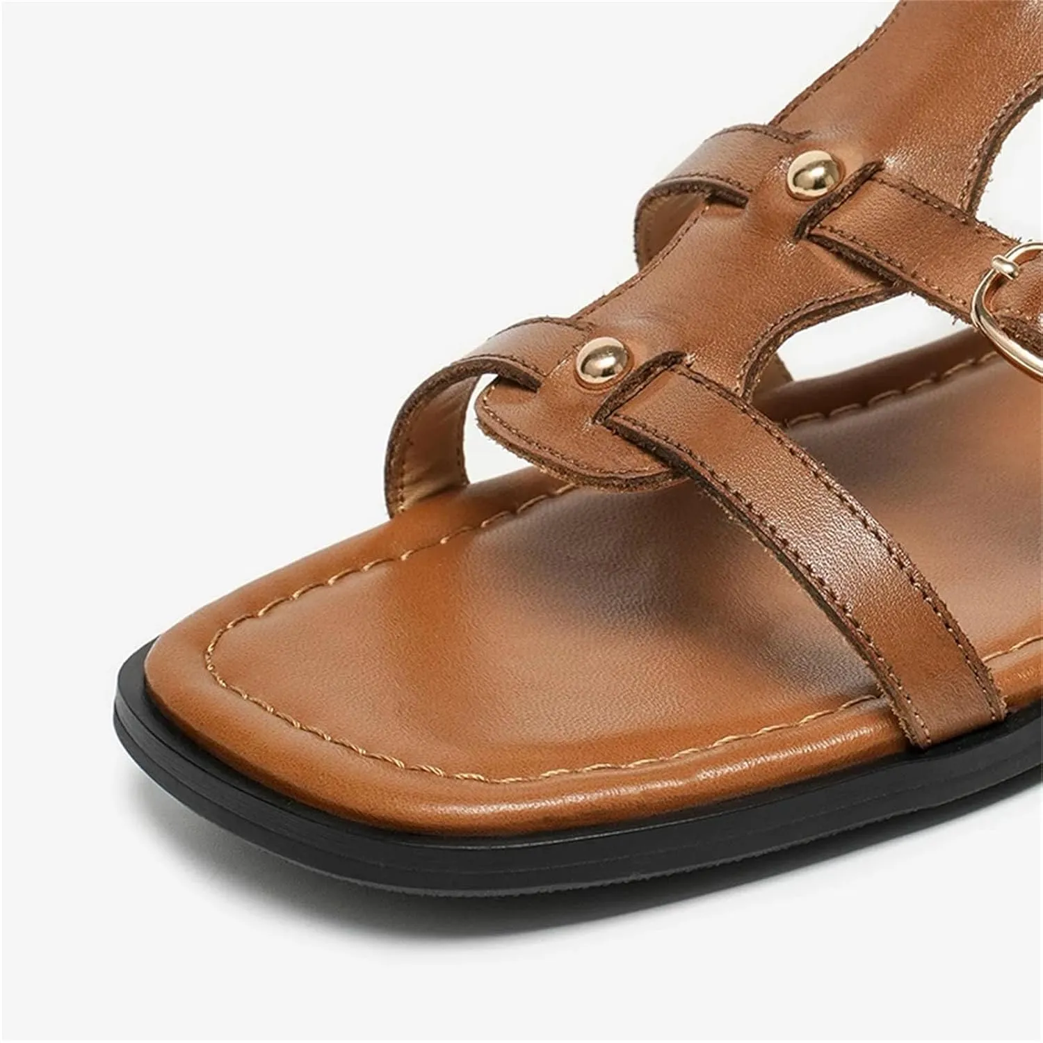 Women's Roman T-Strap Sandals - Calfskin Square Toe Throwback-Inspired Summer Shoes
