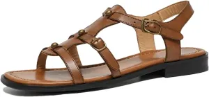 Women's Roman T-Strap Sandals - Calfskin Square Toe Throwback-Inspired Summer Shoes