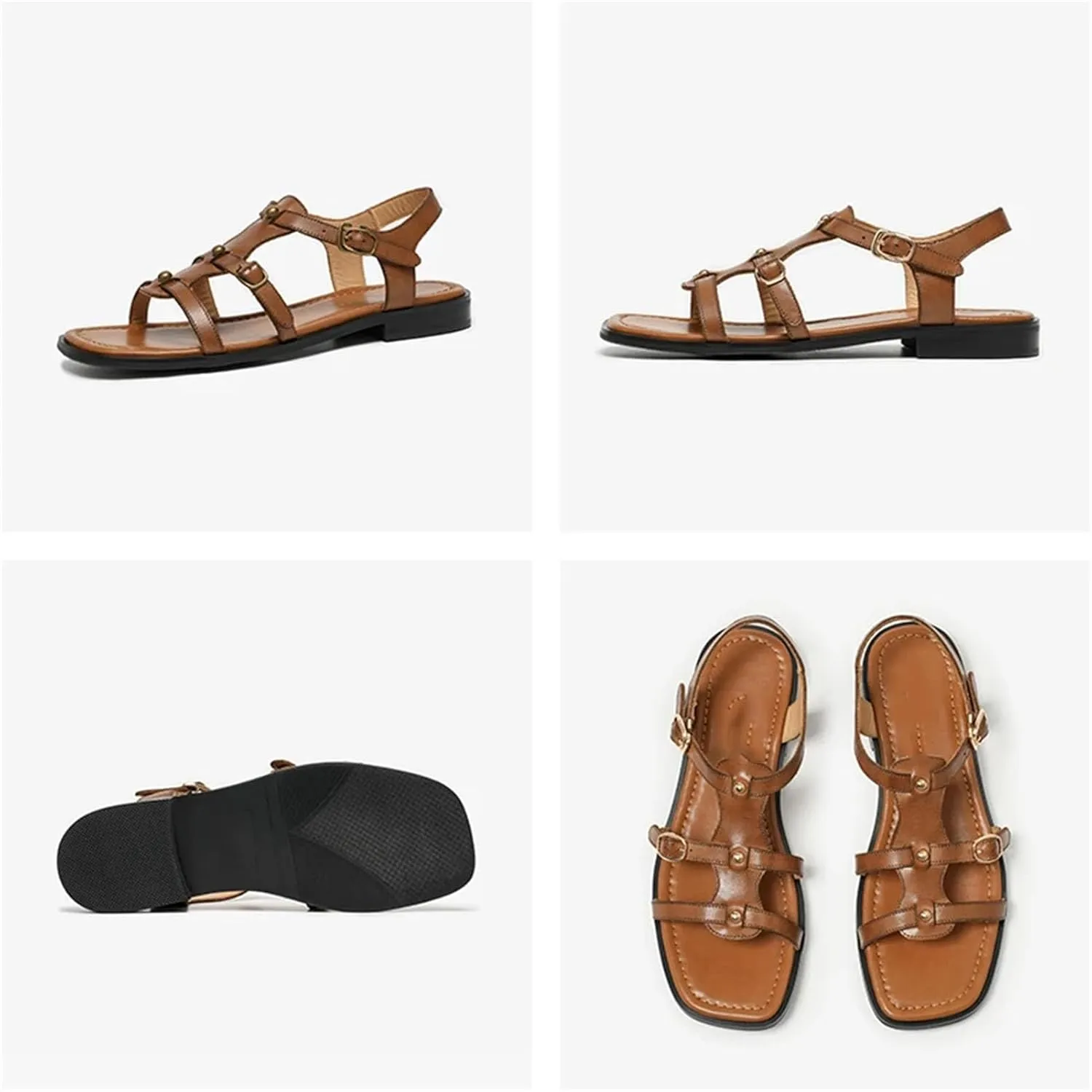 Women's Roman T-Strap Sandals - Calfskin Square Toe Throwback-Inspired Summer Shoes