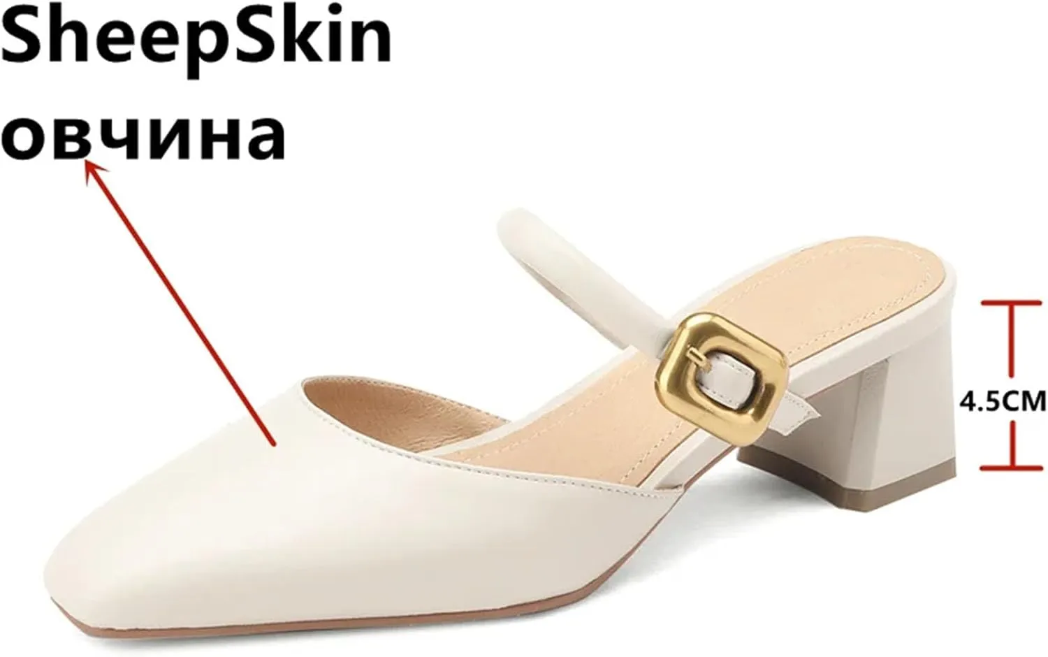 Women's Thick Heel Slippers - Genuine Leather Spring Summer, Dignified elegance Metal Buckle Party Office Lady Shoes