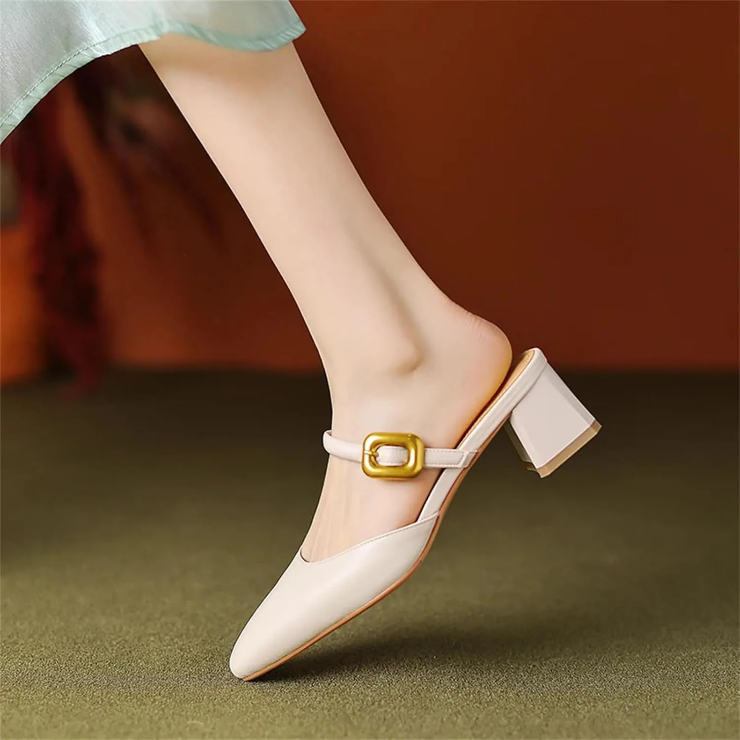 Women's Thick Heel Slippers - Genuine Leather Spring Summer, Dignified elegance Metal Buckle Party Office Lady Shoes