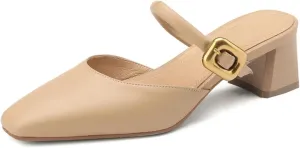Women's Thick Heel Slippers - Genuine Leather Spring Summer, Dignified elegance Metal Buckle Party Office Lady Shoes