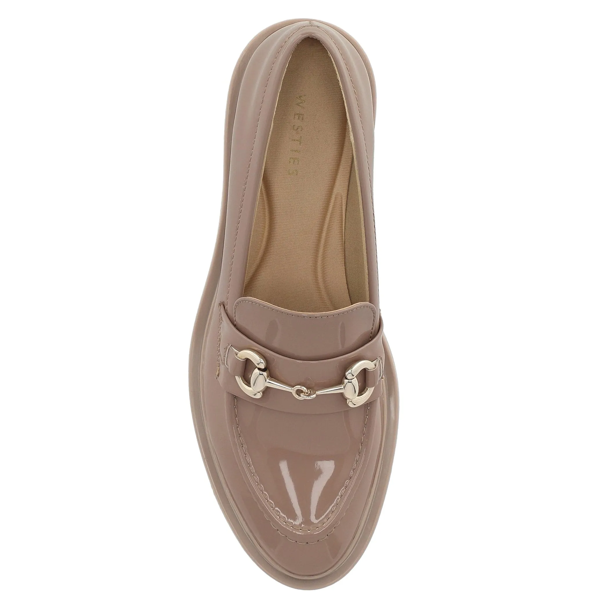 Zapato Tipo Mocasin Nojiko Sintetico Acabado Charol Taupe Westies